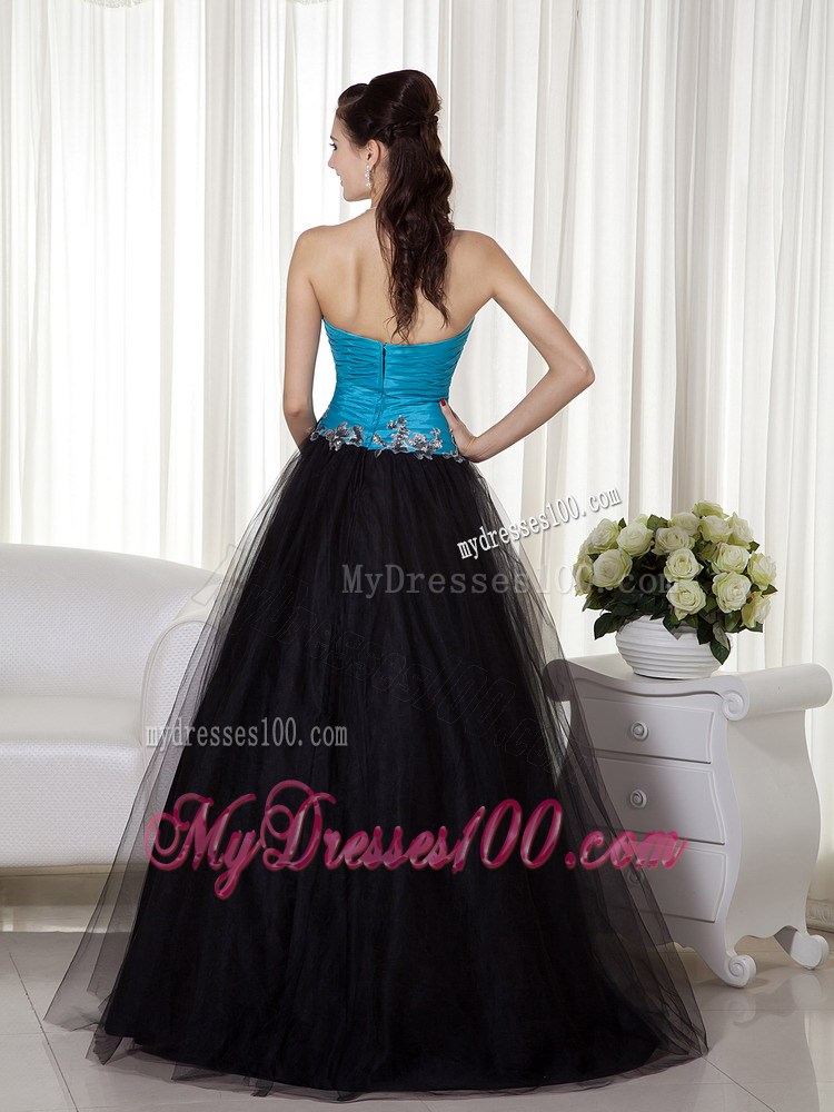 Blue and Black Sweetheart Appliques Prom Evening Dress