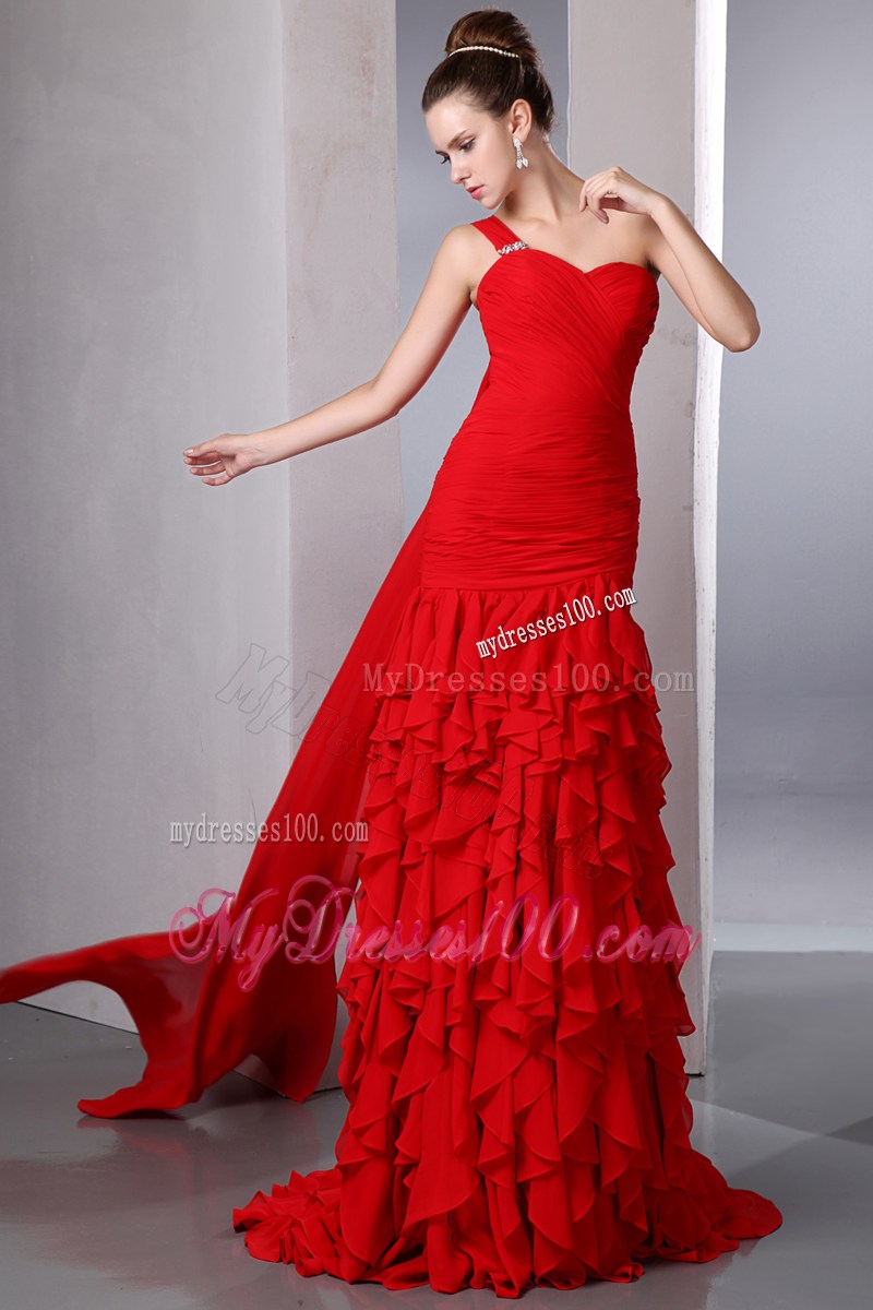 Bright Red One Shoulder Watteau Train Prom Dress with Many Ruffles