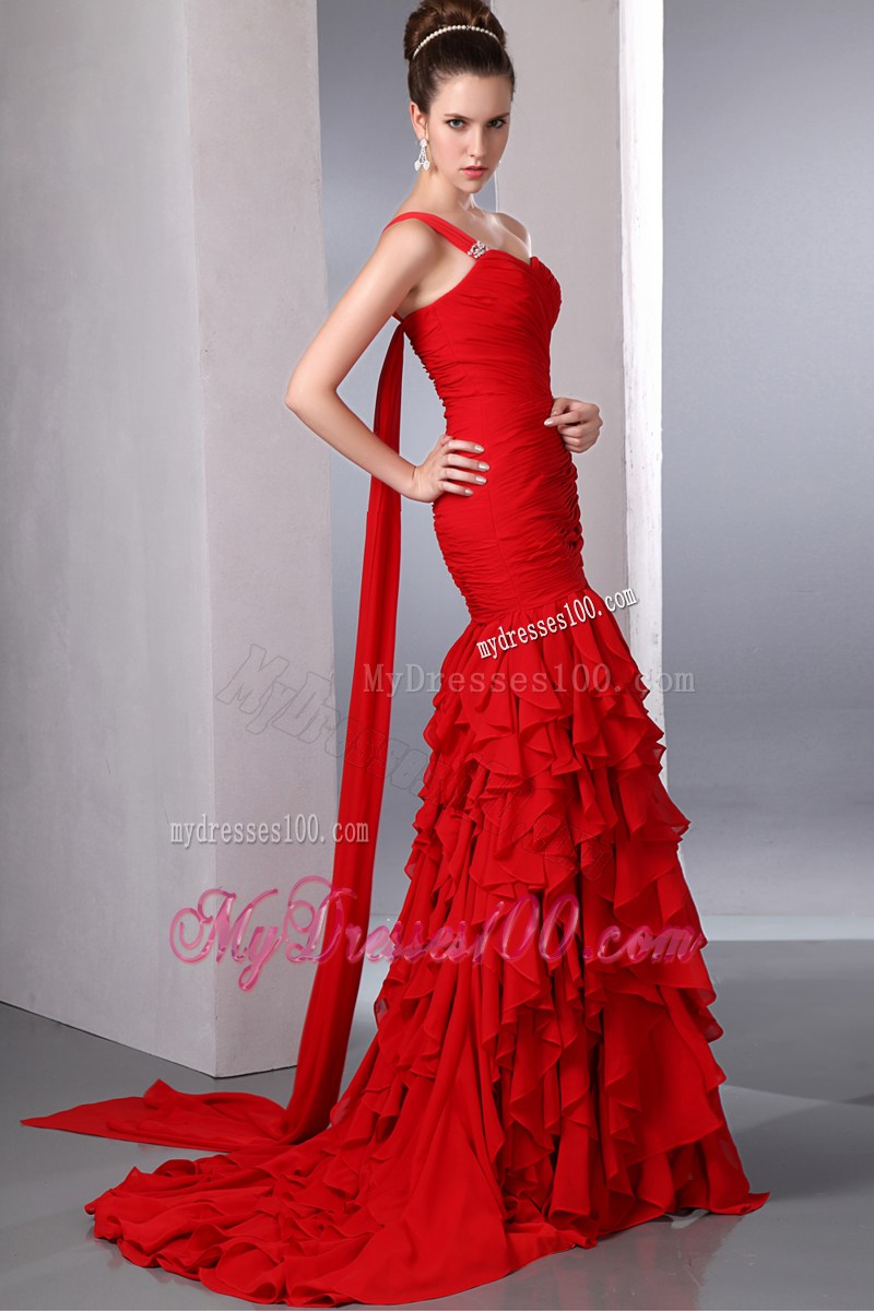 Bright Red One Shoulder Watteau Train Prom Dress with Many Ruffles