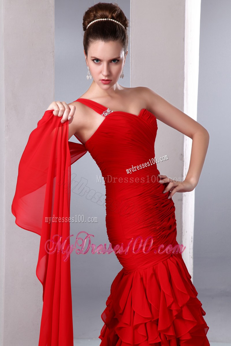Bright Red One Shoulder Watteau Train Prom Dress with Many Ruffles