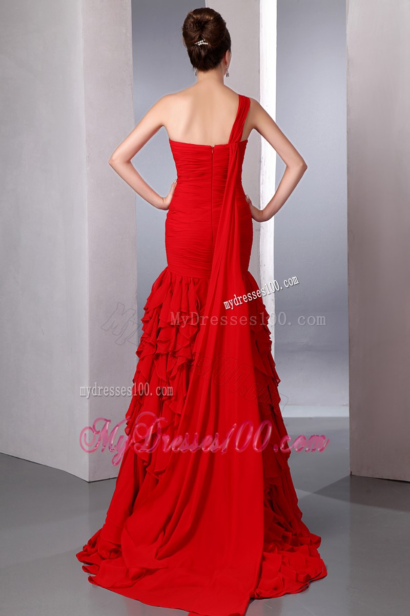 Bright Red One Shoulder Watteau Train Prom Dress with Many Ruffles
