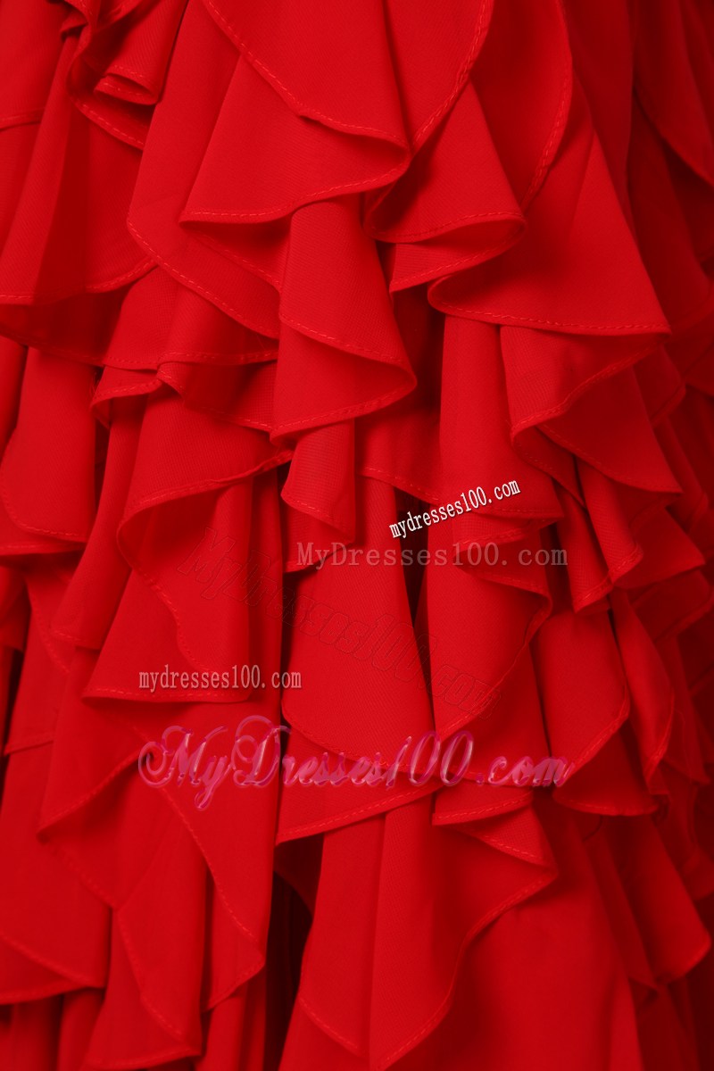 Bright Red One Shoulder Watteau Train Prom Dress with Many Ruffles