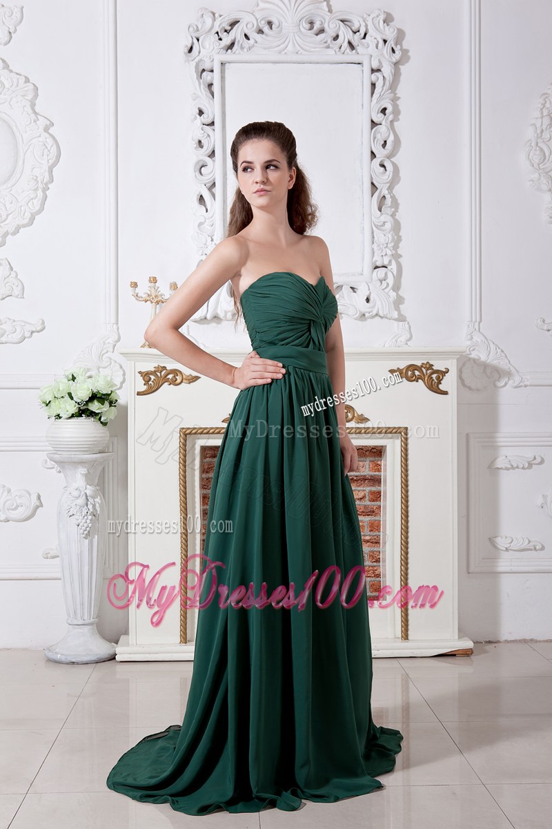 Green Empire Sweetheart Ruche Evening Dress Brush Train