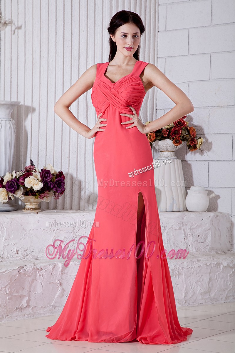 Watermelon Prom Evening Dress Empire Straps Brush Train
