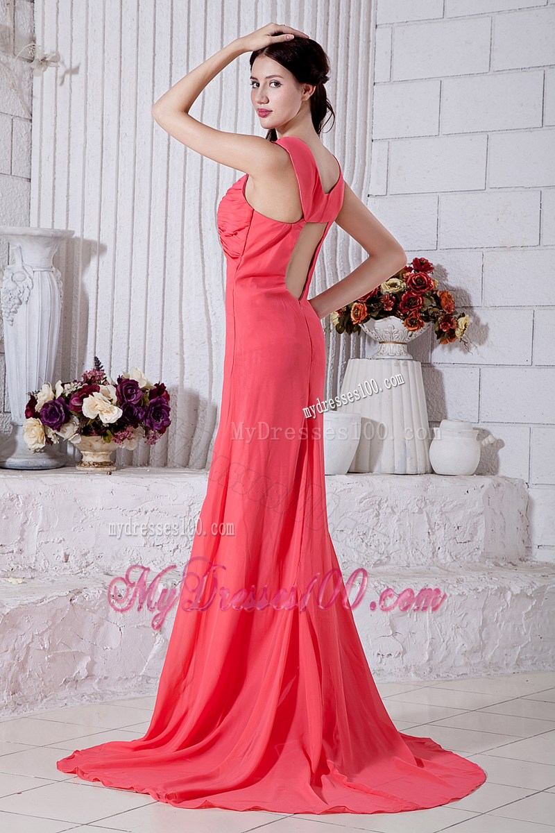 Watermelon Prom Evening Dress Empire Straps Brush Train