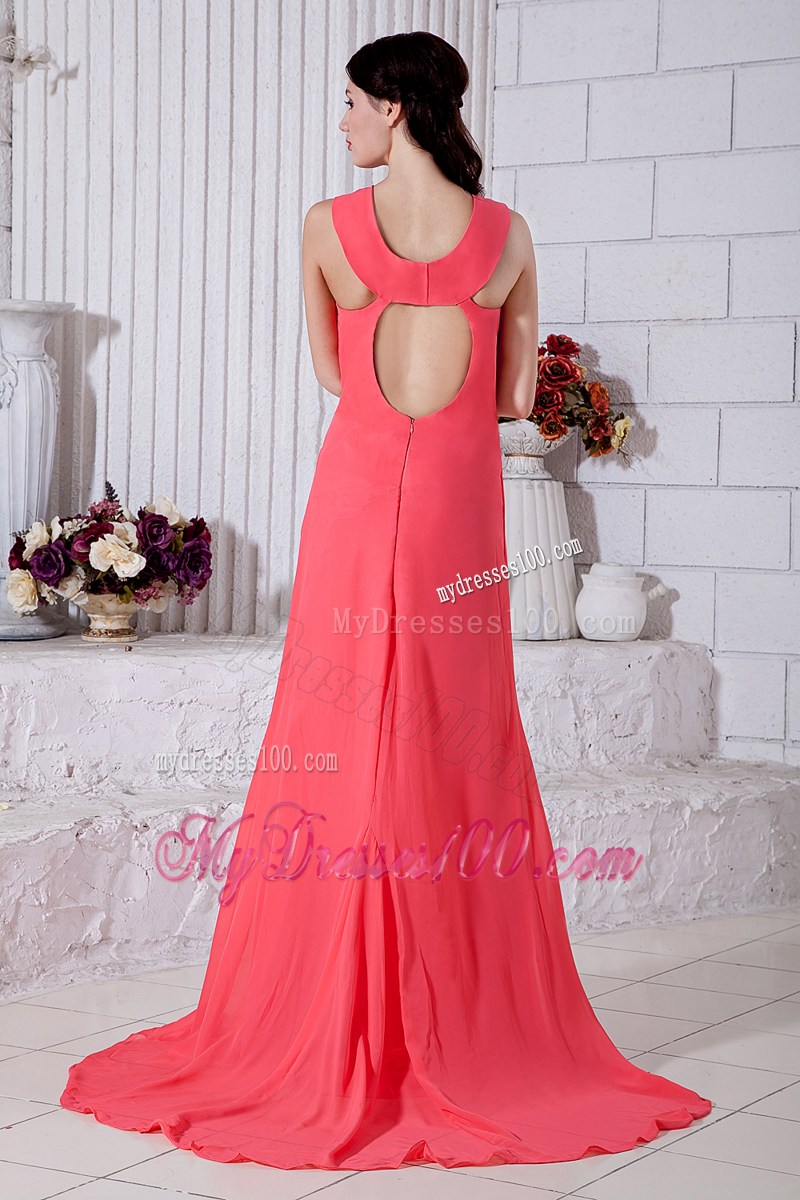 Watermelon Prom Evening Dress Empire Straps Brush Train