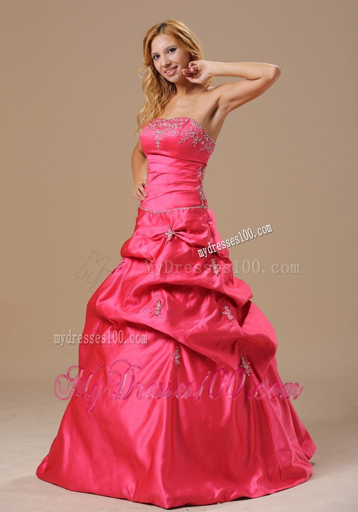 Hot Coral Red Evening Dress With Appliques Decorate Bust