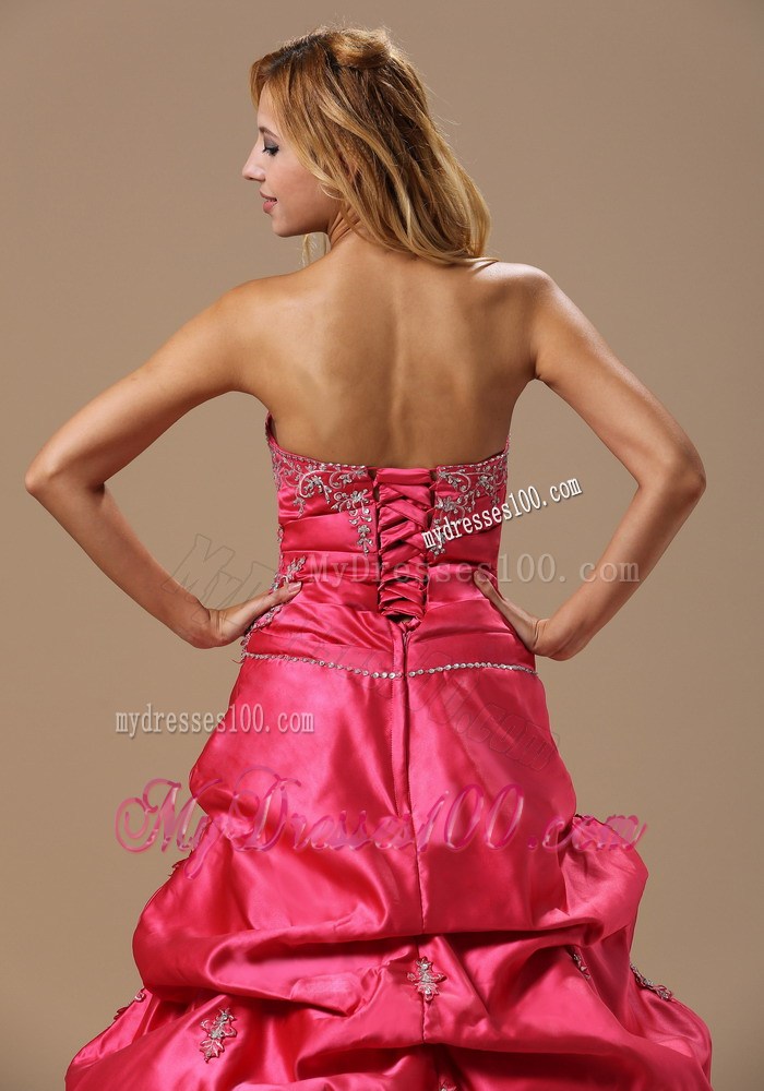 Hot Coral Red Evening Dress With Appliques Decorate Bust