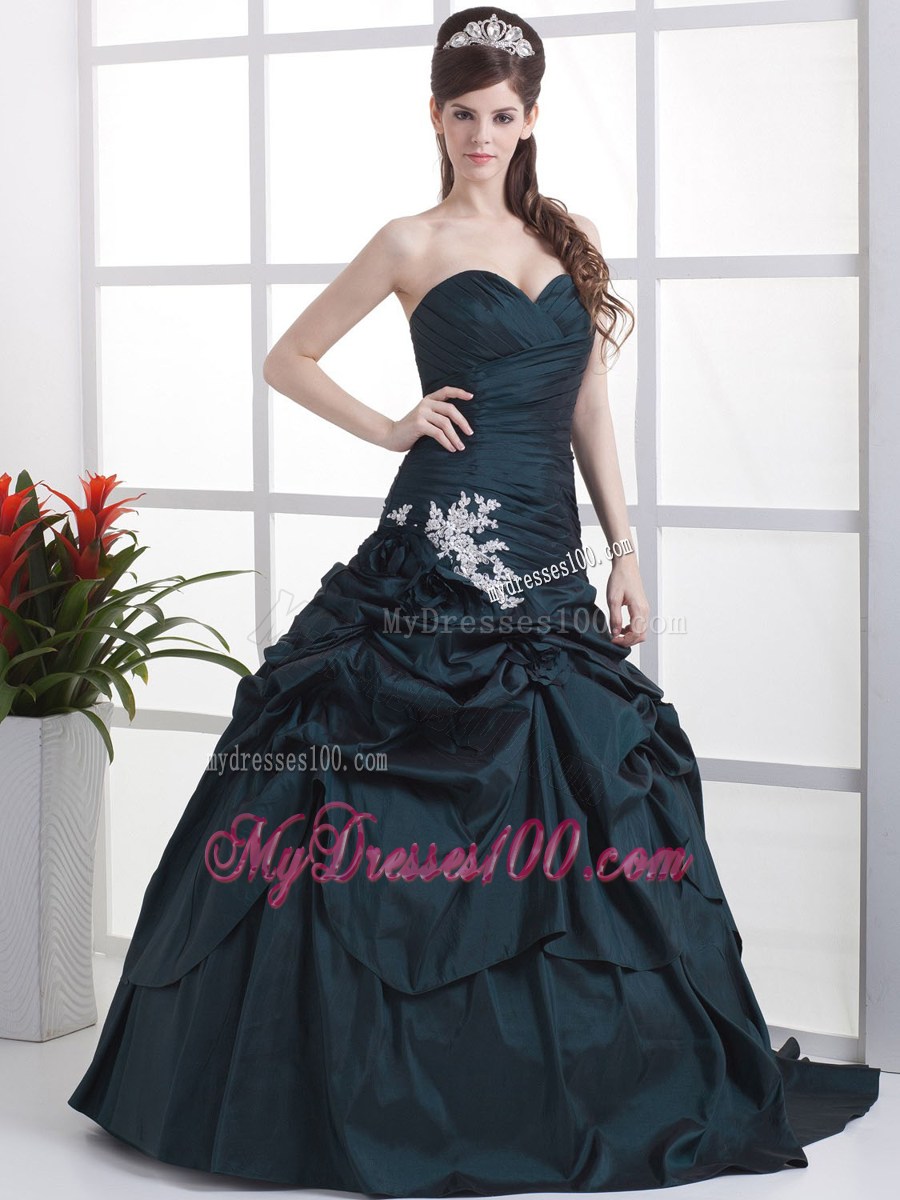 Navy Blue Sweetheart Appliques and Pick-ups Evening Dress
