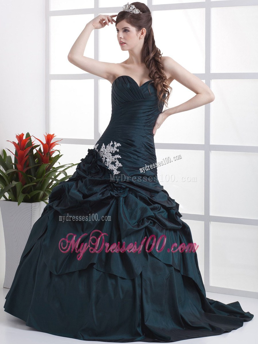 Navy Blue Sweetheart Appliques and Pick-ups Evening Dress