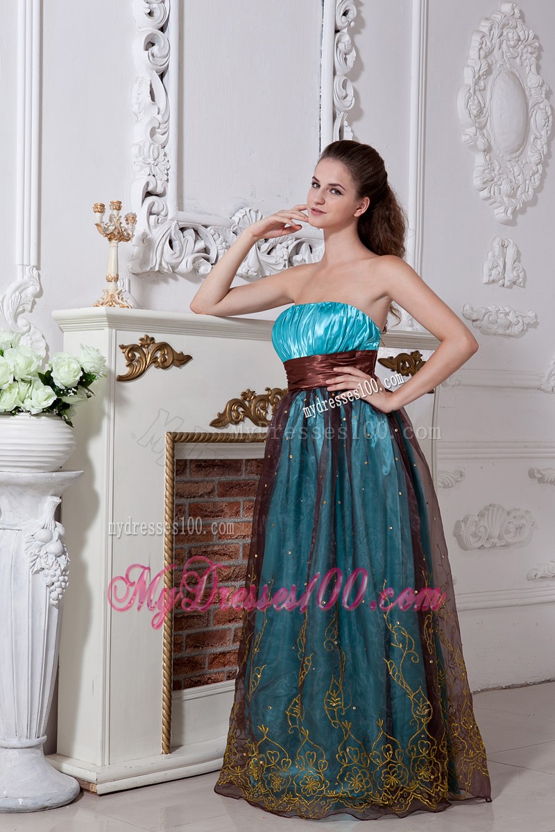 Sassy Aqua Blue Column Strapless Evening Dress Embroidery