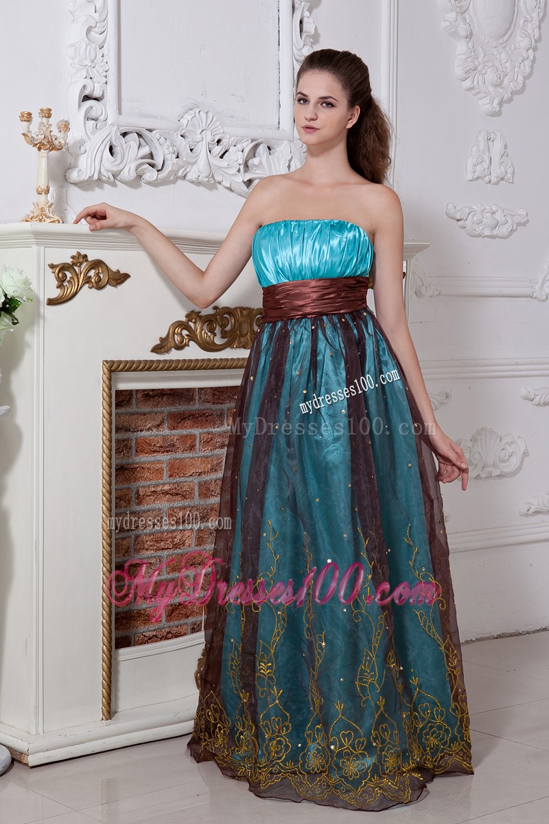 Sassy Aqua Blue Column Strapless Evening Dress Embroidery