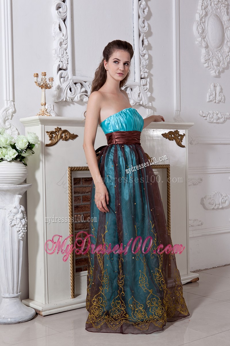 Sassy Aqua Blue Column Strapless Evening Dress Embroidery