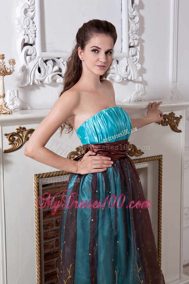 Sassy Aqua Blue Column Strapless Evening Dress Embroidery