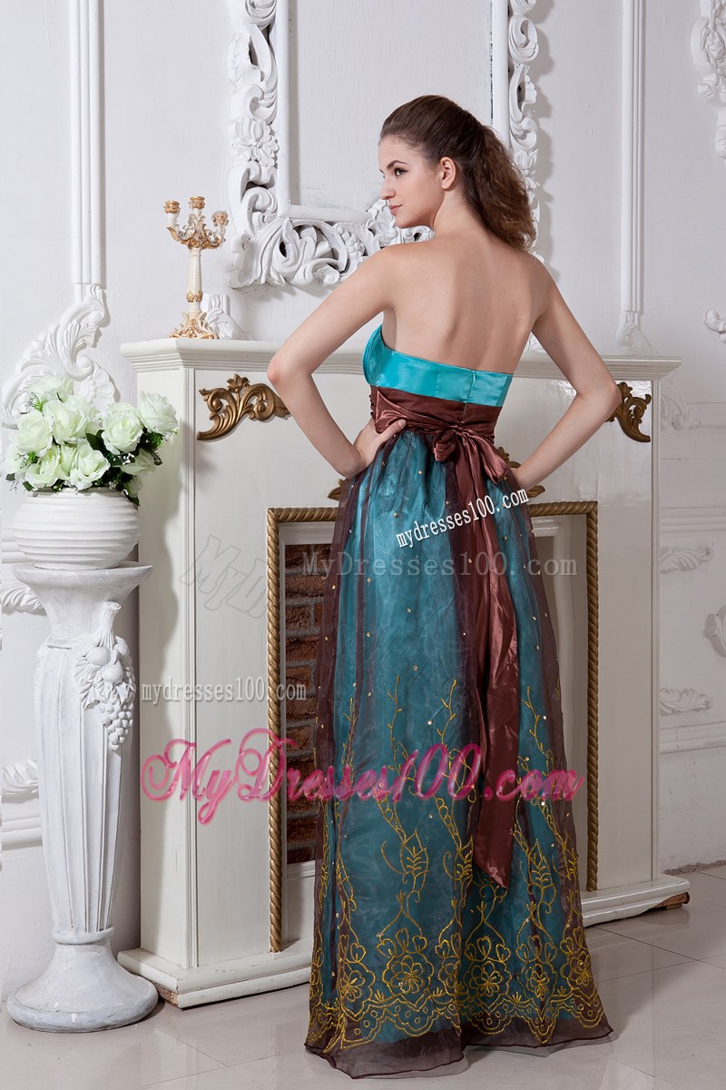 Sassy Aqua Blue Column Strapless Evening Dress Embroidery