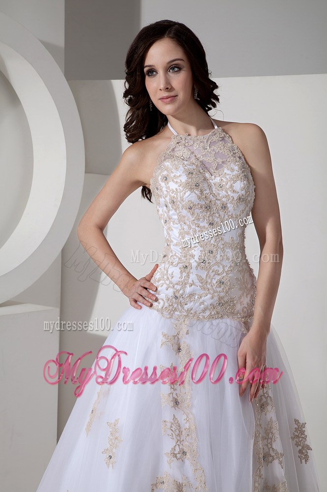 Ball Gown Halter Court Train Lace Appliques Evening Dress