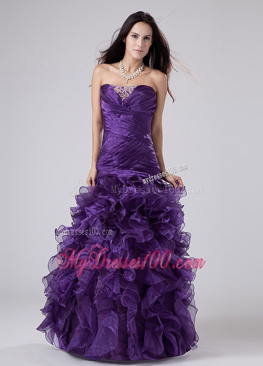 Purple Beading And Ruffles Strapless Column Evening Dress