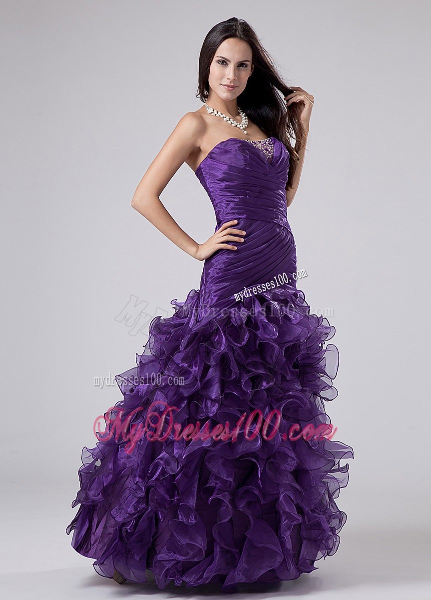 Purple Beading And Ruffles Strapless Column Evening Dress