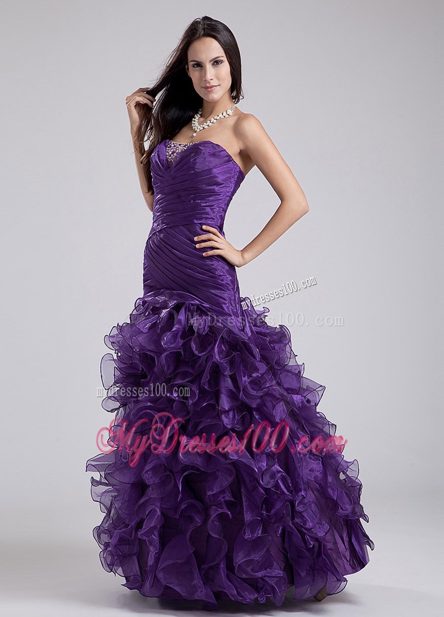 Purple Beading And Ruffles Strapless Column Evening Dress