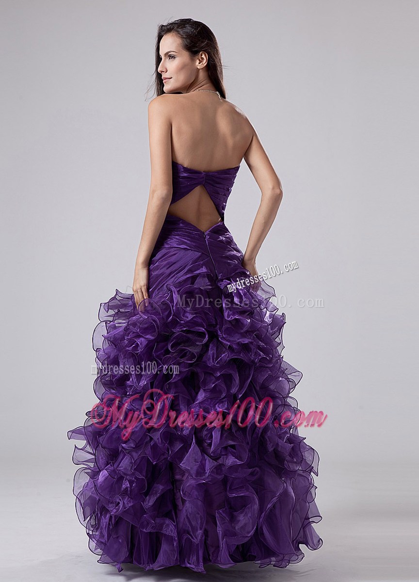 Purple Beading And Ruffles Strapless Column Evening Dress