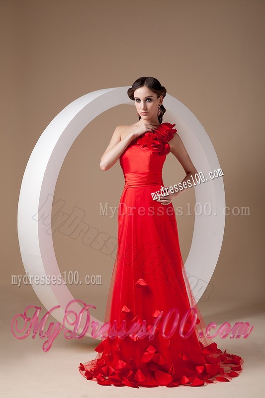 Red Empire Brush Train Hand Flowers Prom Evening Dress