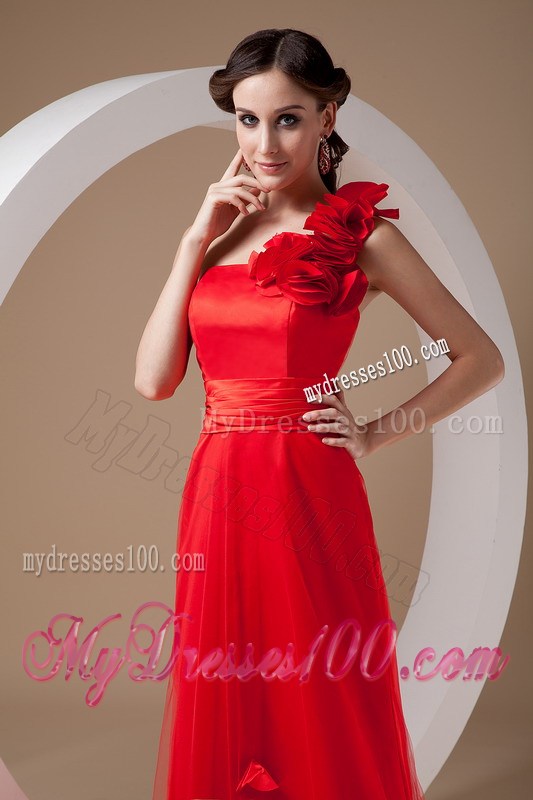 Red Empire Brush Train Hand Flowers Prom Evening Dress
