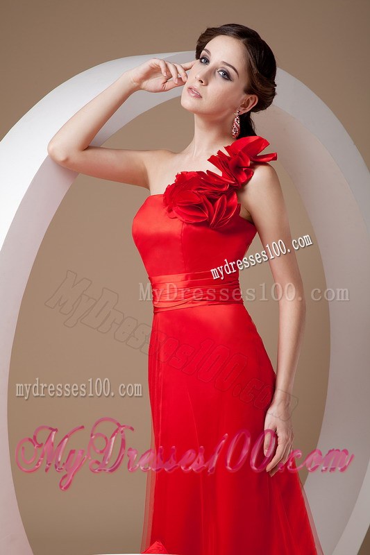 Red Empire Brush Train Hand Flowers Prom Evening Dress