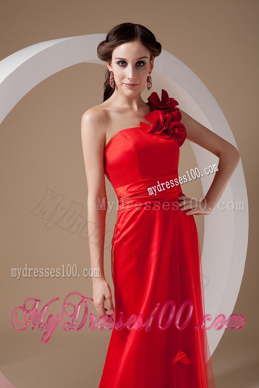 Red Empire Brush Train Hand Flowers Prom Evening Dress