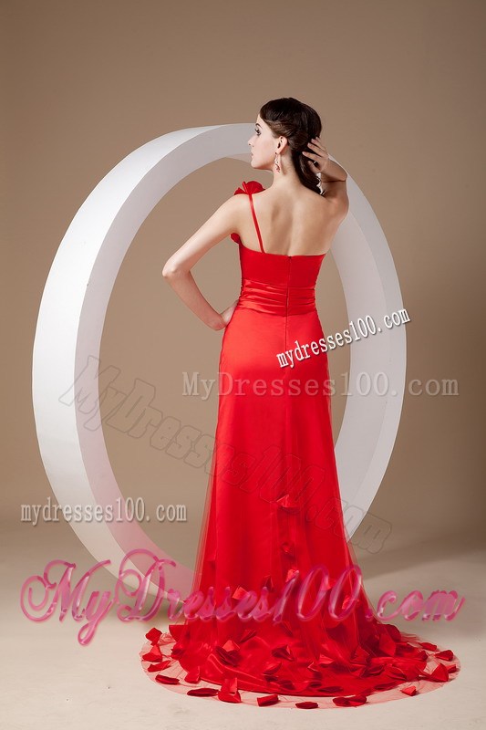 Red Empire Brush Train Hand Flowers Prom Evening Dress