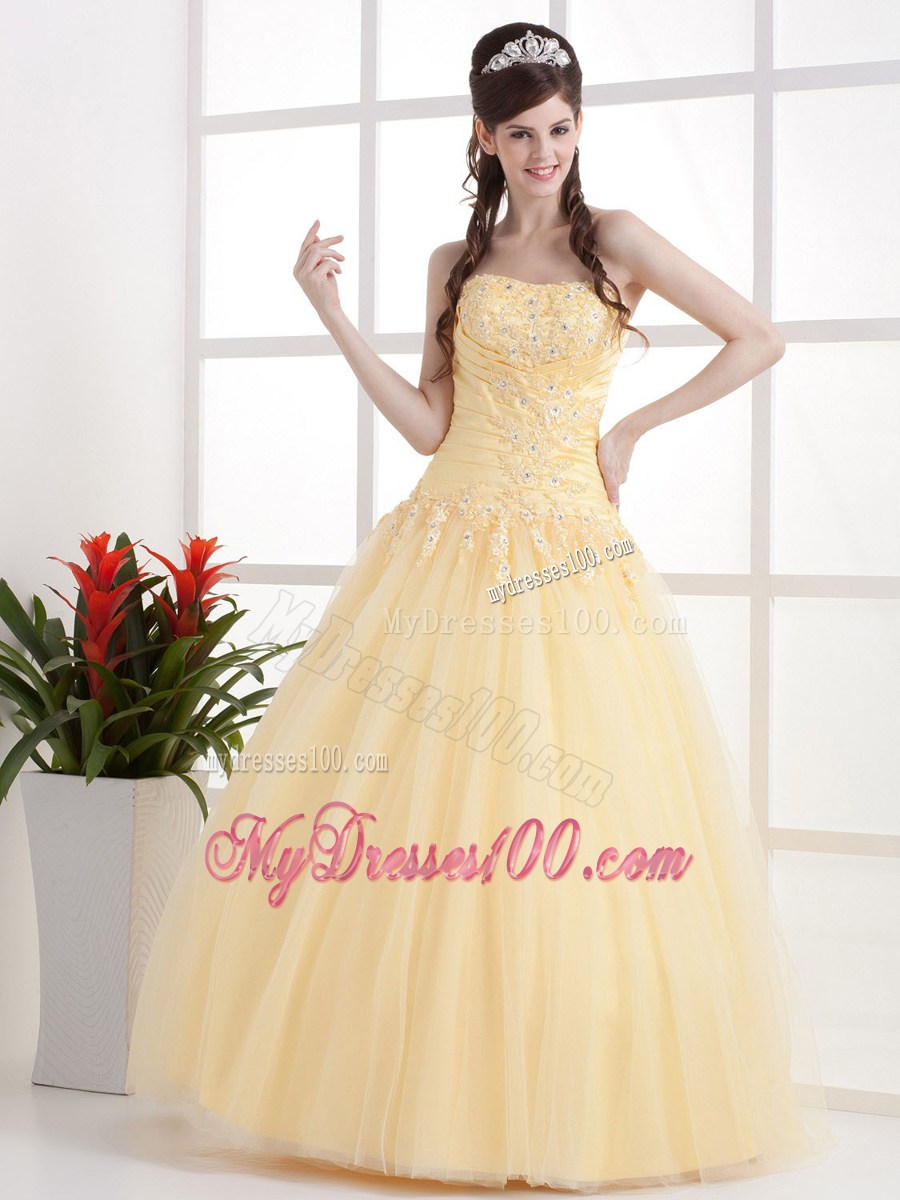 2013 Gold Strapless Evening Dress with Appliques and Ruche
