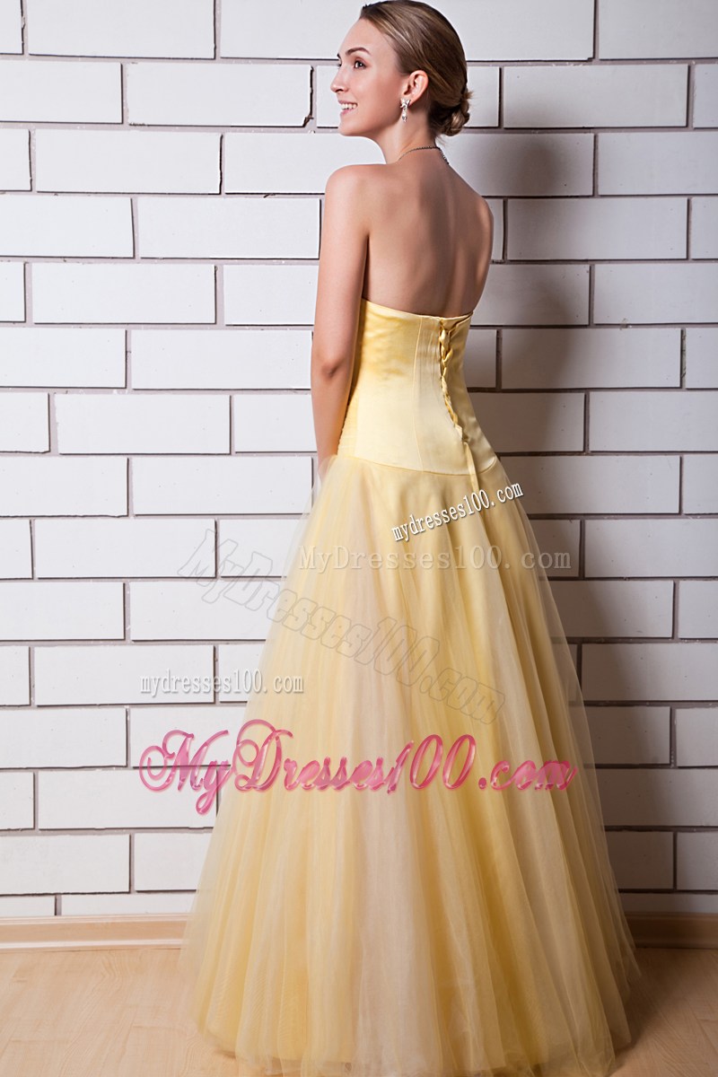 Gold Sweetheart Ruched Floor-length Evening Dress