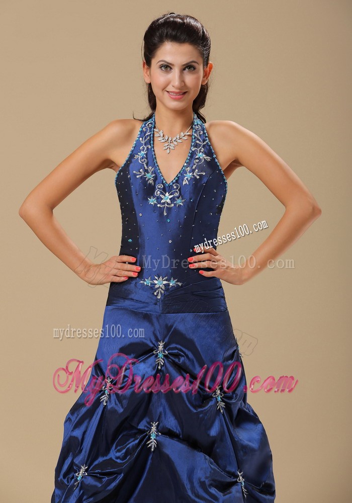 Navy Blue and Appliques Decorated Halter Evening Dress