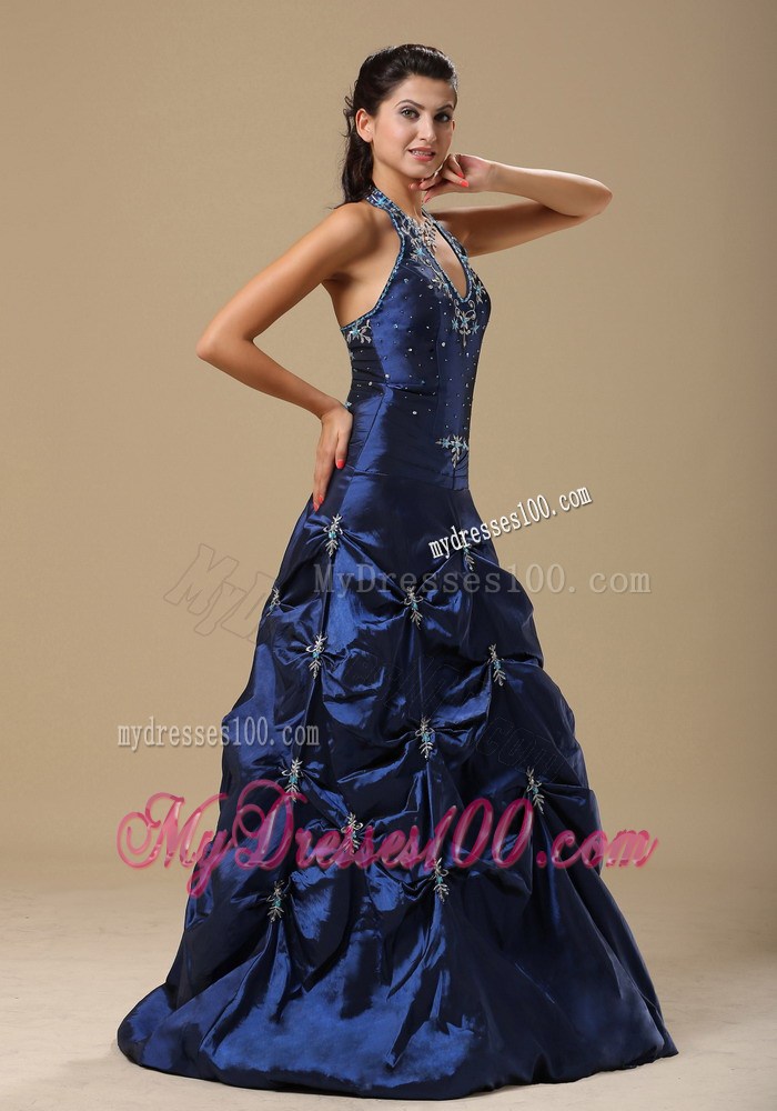 Navy Blue and Appliques Decorated Halter Evening Dress