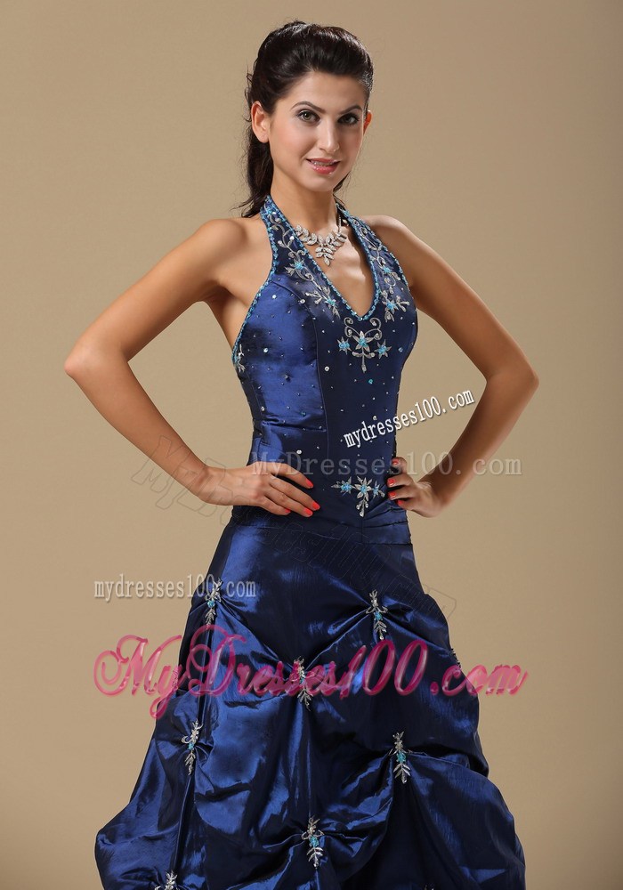 Navy Blue and Appliques Decorated Halter Evening Dress