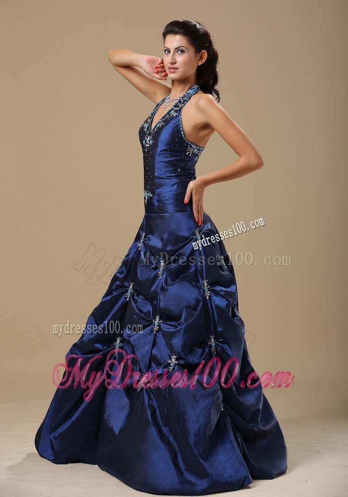 Navy Blue and Appliques Decorated Halter Evening Dress