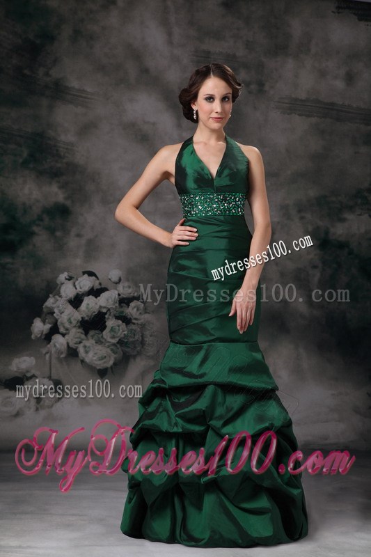 Exquisite Dark Green Mermaid Halter Evening Dress Beading