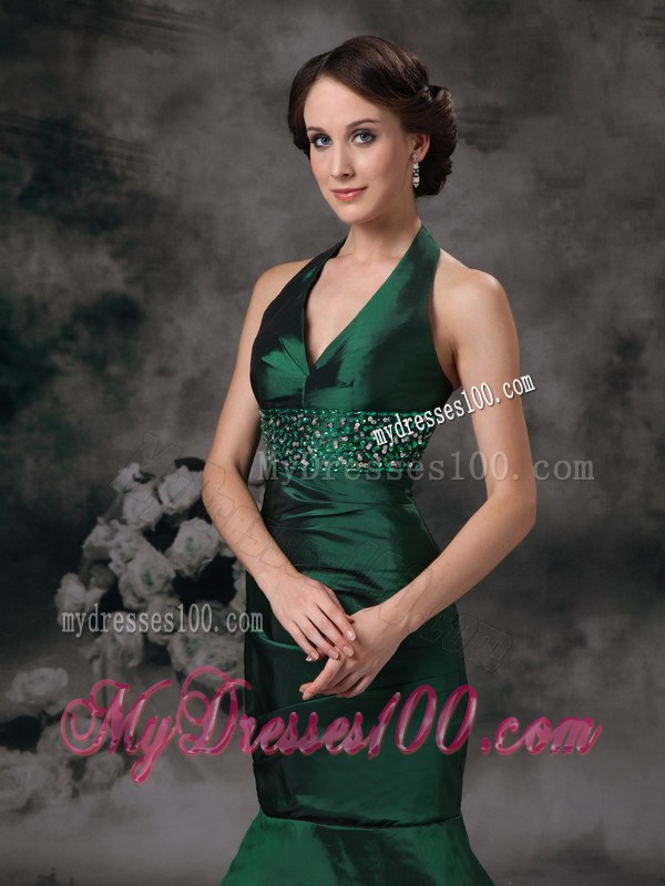 Exquisite Dark Green Mermaid Halter Evening Dress Beading
