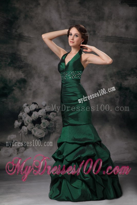 Exquisite Dark Green Mermaid Halter Evening Dress Beading