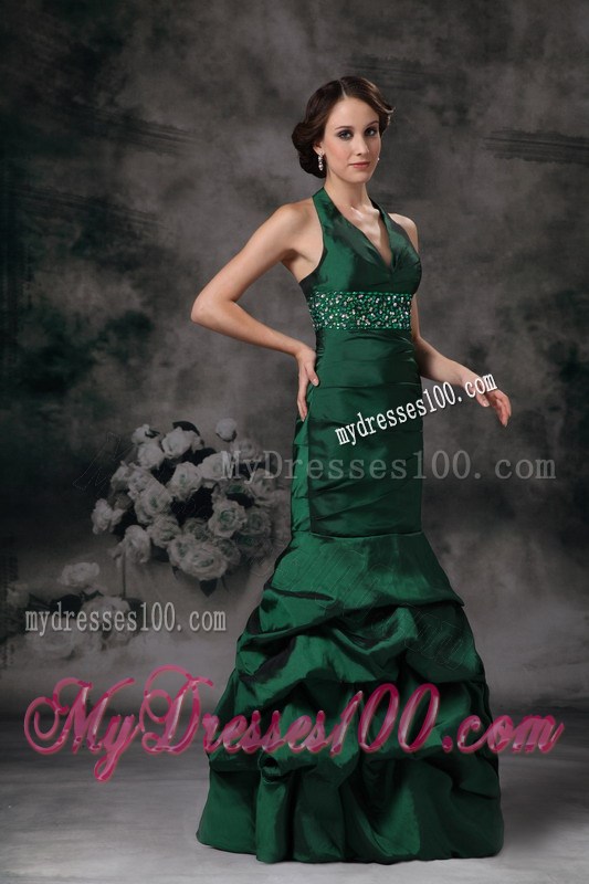 Exquisite Dark Green Mermaid Halter Evening Dress Beading