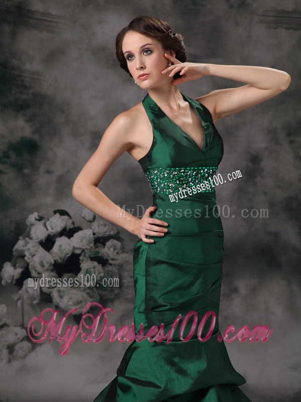 Exquisite Dark Green Mermaid Halter Evening Dress Beading