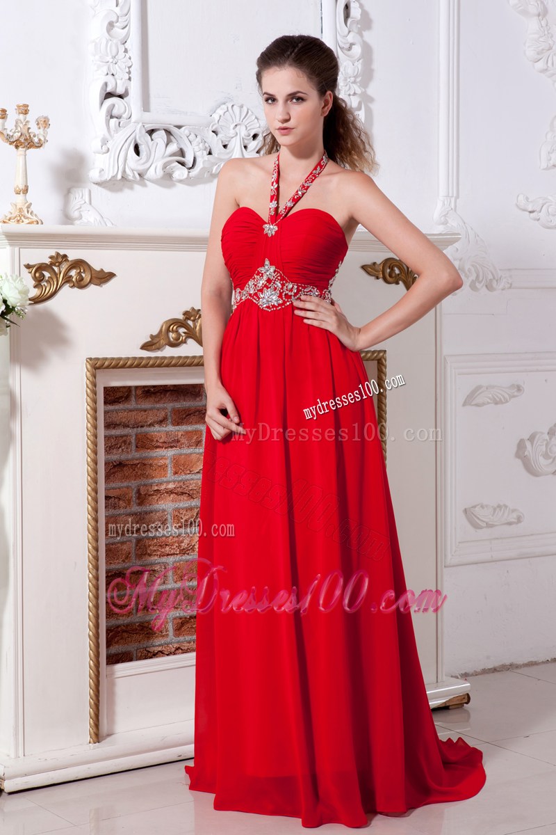Red Empire Halter Brush Train Beaded Prom Evening Dress