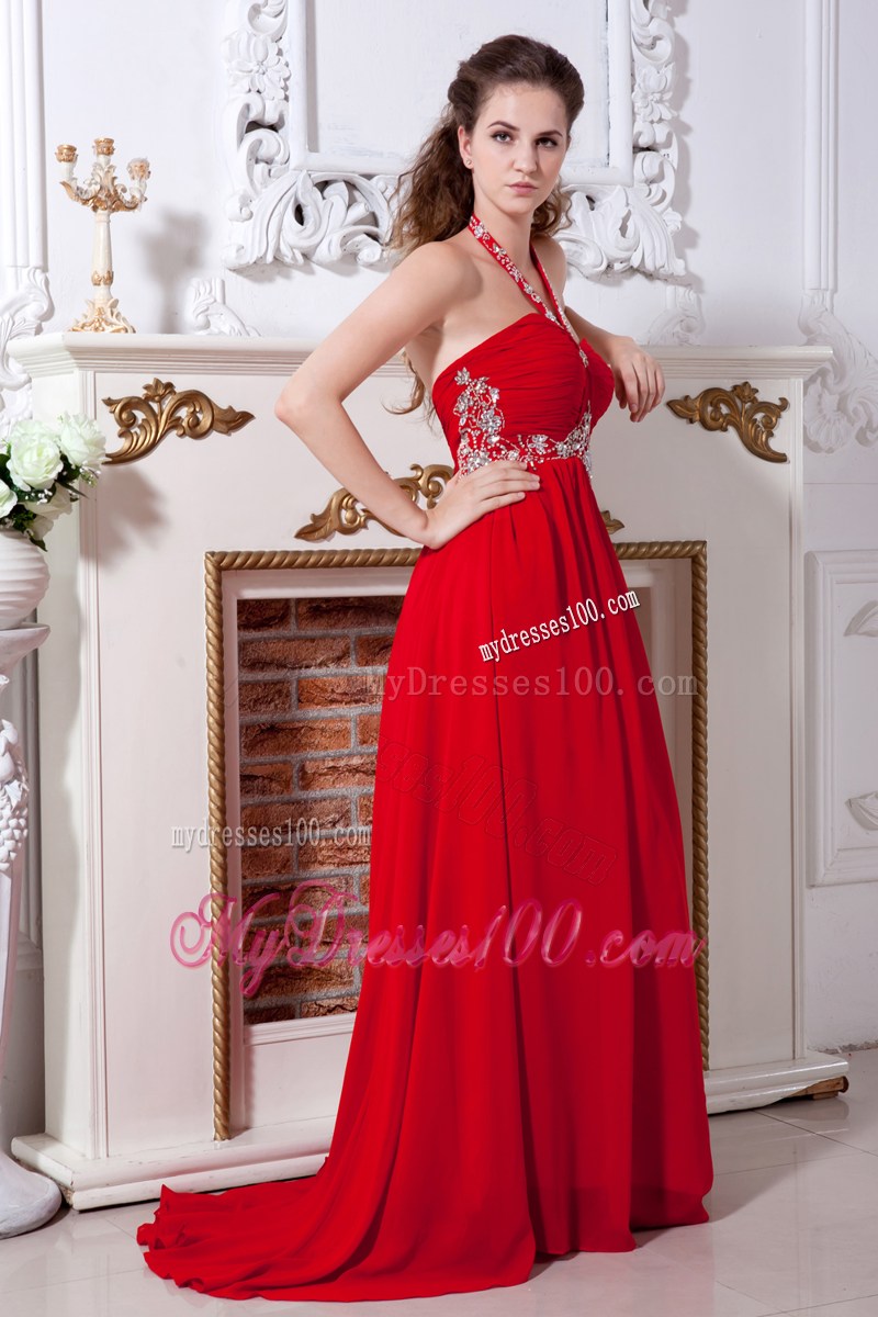 Red Empire Halter Brush Train Beaded Prom Evening Dress