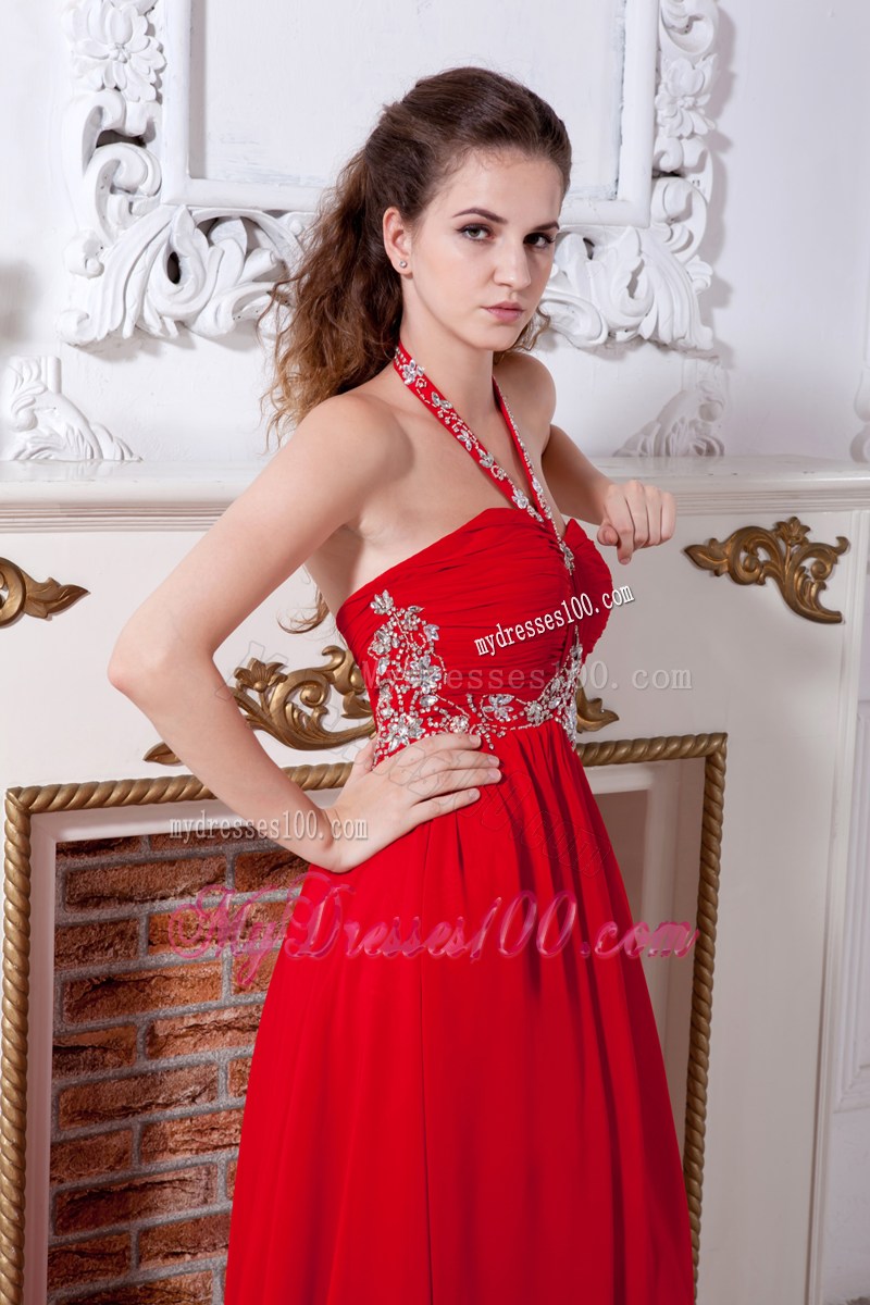 Red Empire Halter Brush Train Beaded Prom Evening Dress