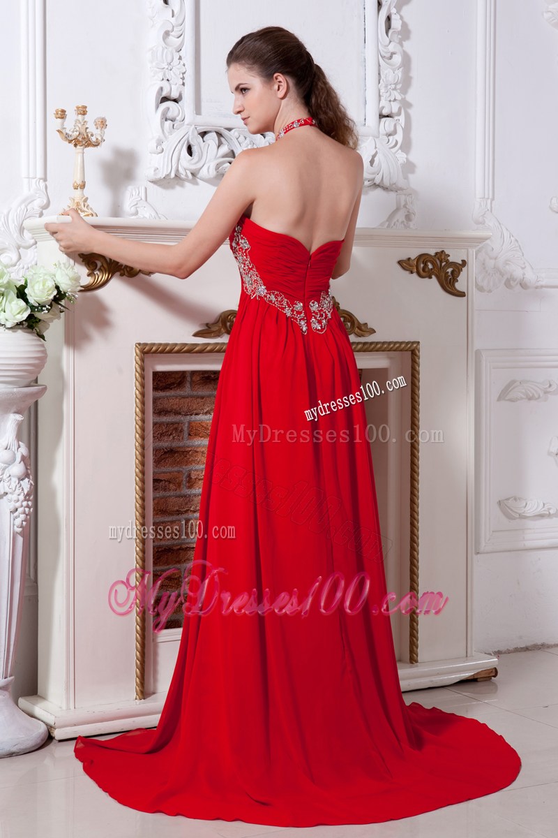 Red Empire Halter Brush Train Beaded Prom Evening Dress