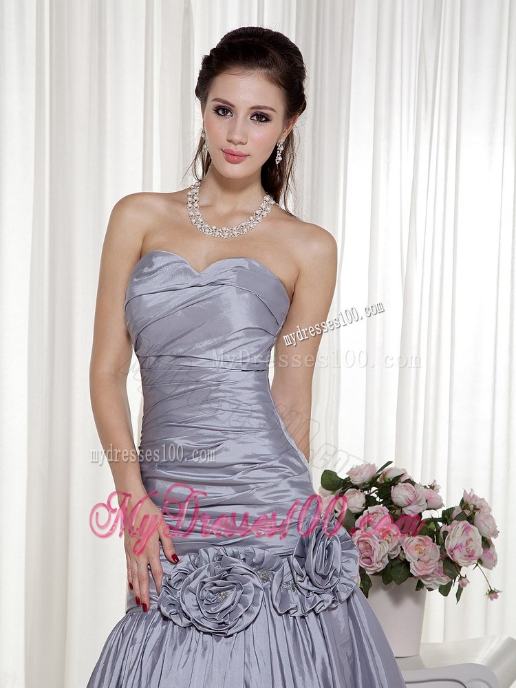 Grey Sweetheart Hand Made Flowers Evening Dress