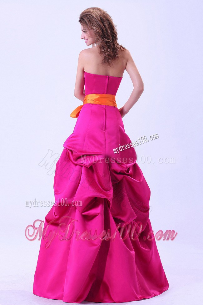 Hot Pink Prom Dress With Orange Sash and Pick-ups A-line Floor-length