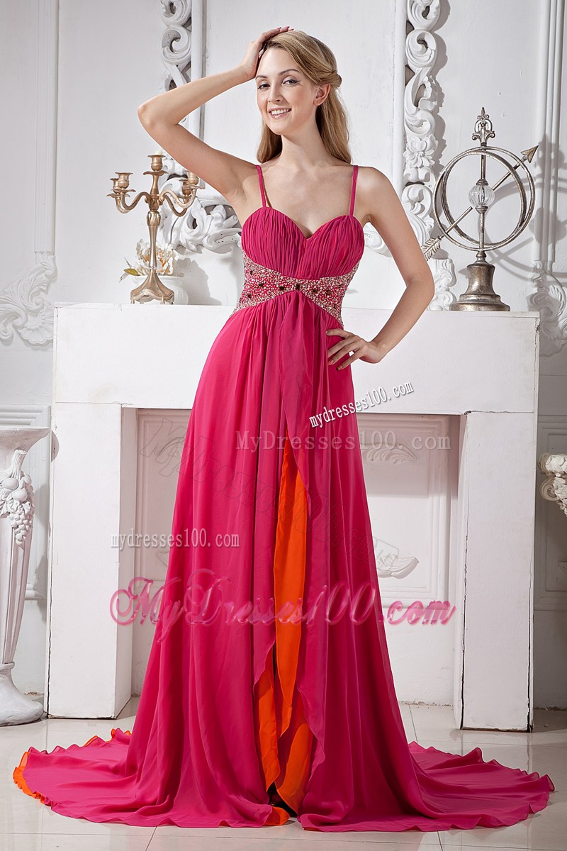 Hot Pink Spaghetti Straps Prom Dress Empire with Brush Train