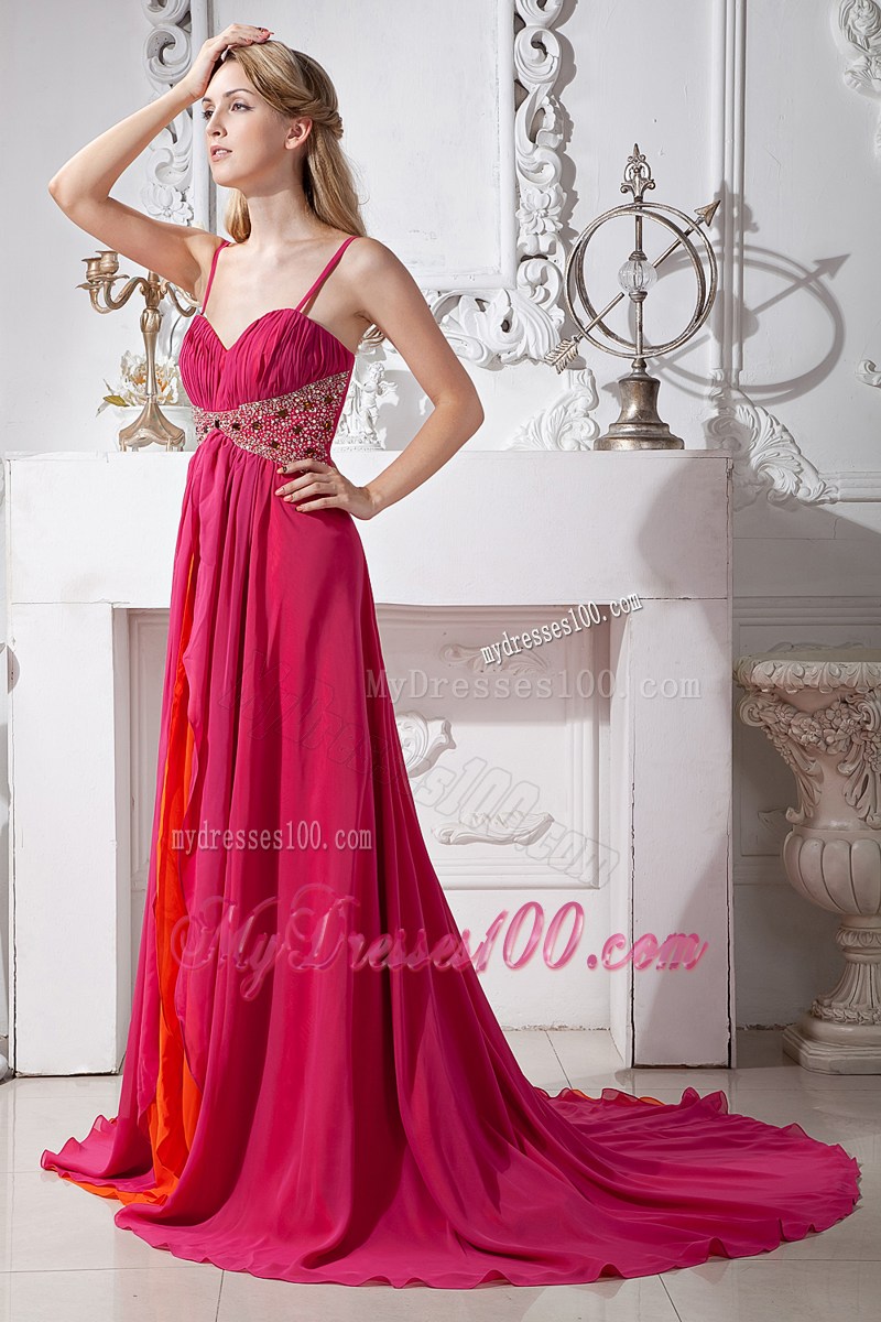 Hot Pink Spaghetti Straps Prom Dress Empire with Brush Train