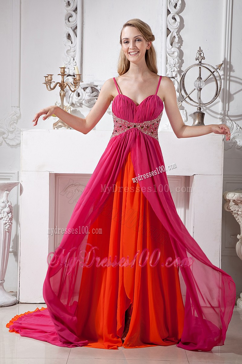 Hot Pink Spaghetti Straps Prom Dress Empire with Brush Train