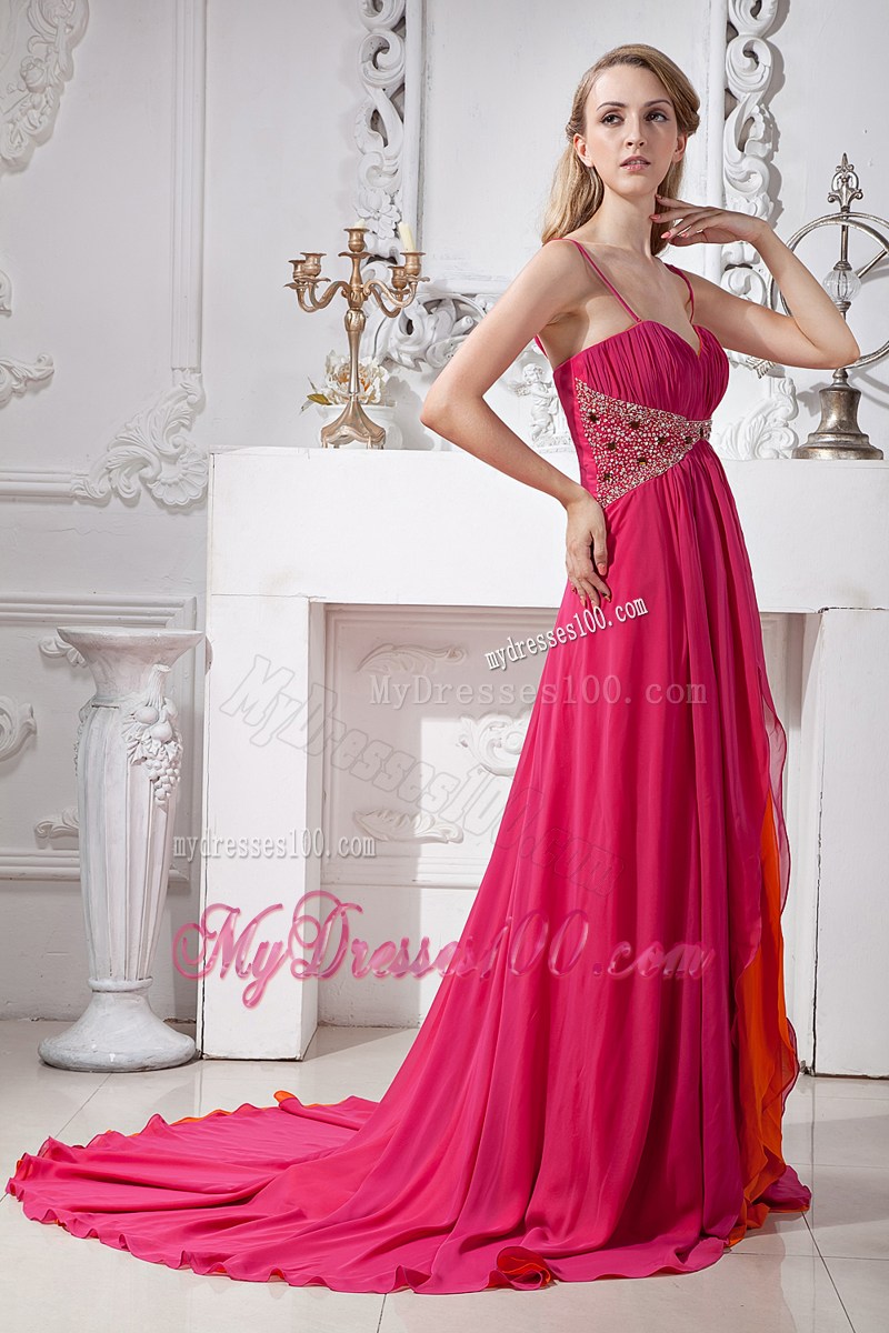 Hot Pink Spaghetti Straps Prom Dress Empire with Brush Train